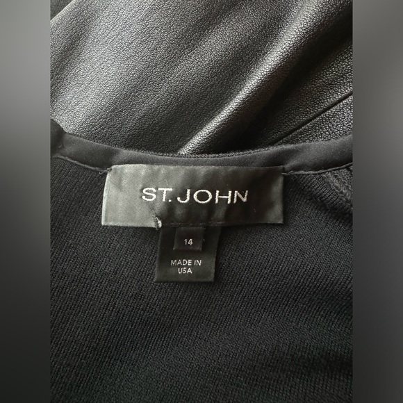 ST JOHN Black Wool Leather Long Sleeves Cocktail Party Designer Dress, Size 10 - Picture 4 of 9